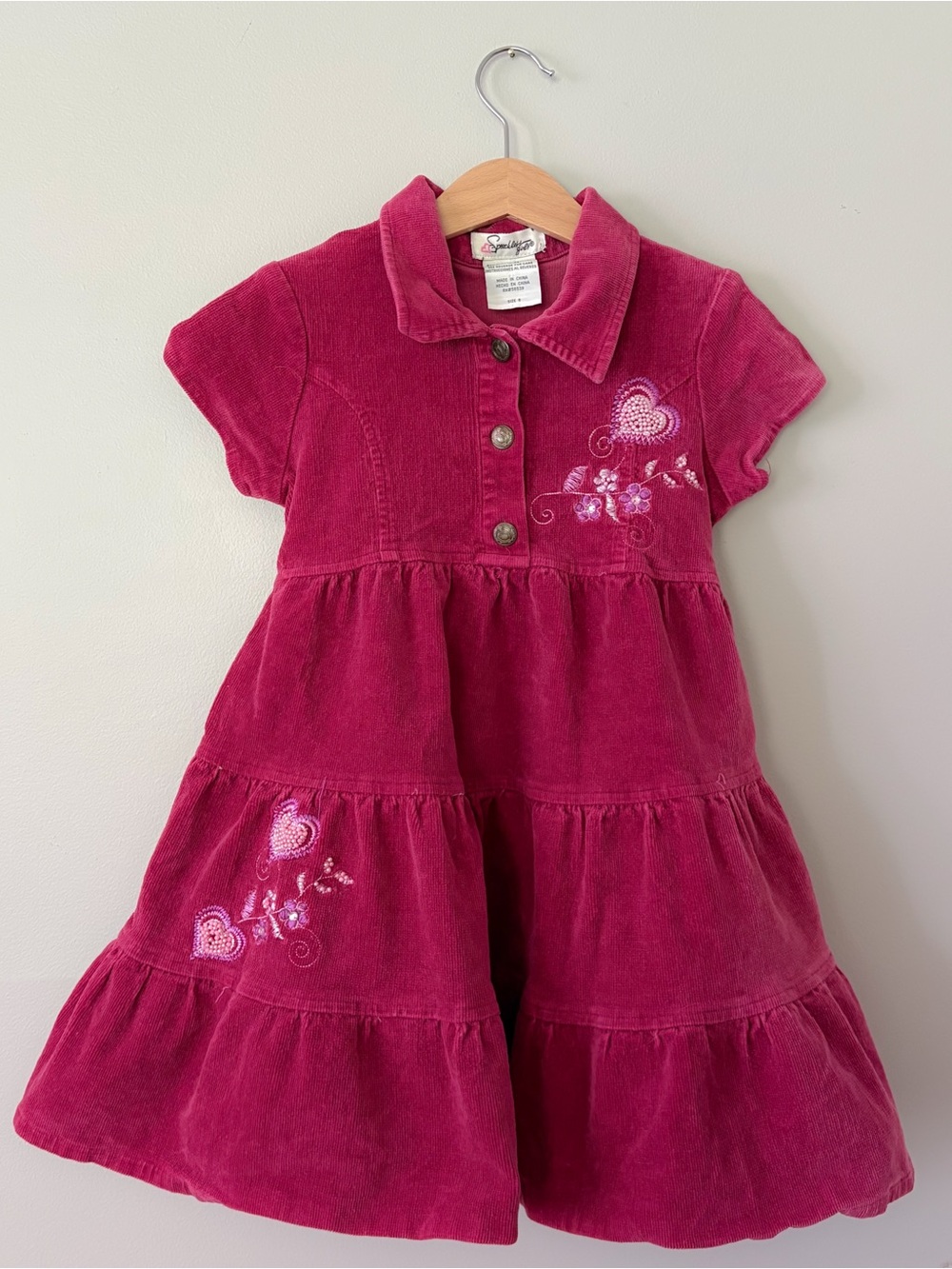 Speechless Fuchsia Corduroy Tiered Dress with Heart Embroidery